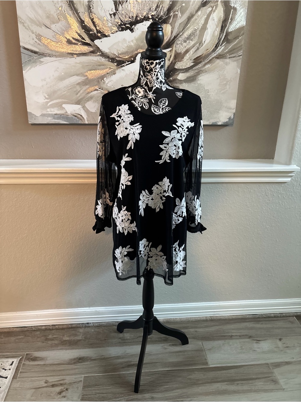 Alfani Black Mesh Blouse with White Floral Embroidery
